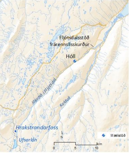 Mynd 2. Staðsetning mælistöðva við Jökulsá í Fljótsdal.