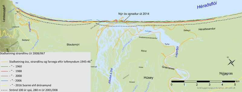 70 ára þróun strandar og óss. Árið 2014 hafði ósinn færst um 1,3 km frá því sem hann var fyrir virkjun og var komin um 3 km norðar en hann hafði oftast verið um og eftir miðja síðustu öld (sjá  gagn og gaman á forsíðu).  Ósinn var færður 2014 og hefur nú fest sig í sessi á nýja staðnum og sá gamli hefur lokast.