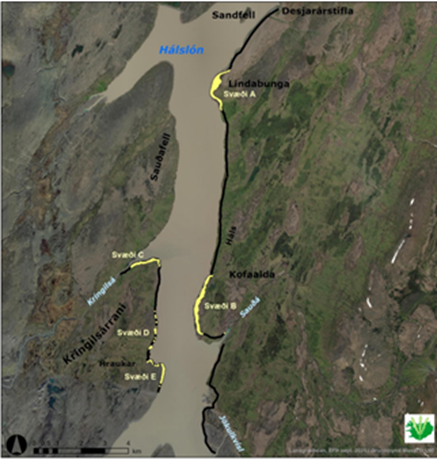 Figure 1. Hálslón and surroundings. The black line shows the area covered by the monitoring and the yellow line shows the areas along the coastline that are measured. Blue crosses indicate the location of automatic measuring instruments that measure the aeolian deposition.