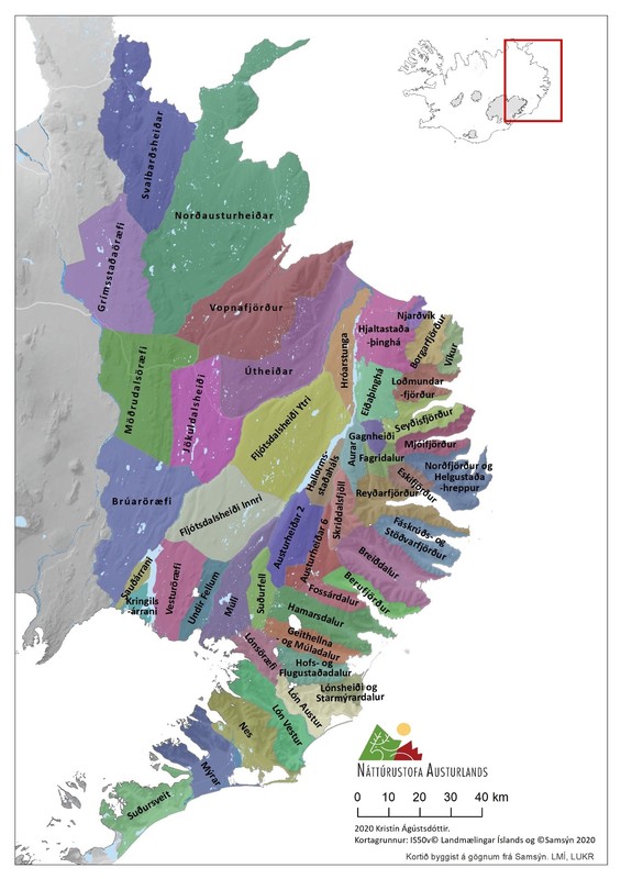 Figure 2.  Division in counting area for Snæfell's herd (hunting area 1 and 2). Counting area in hunting area 1, north of Kringilsárrani, Sauðárrani and Brúaröræfi wilderness, is called Norðurheiðar heath.