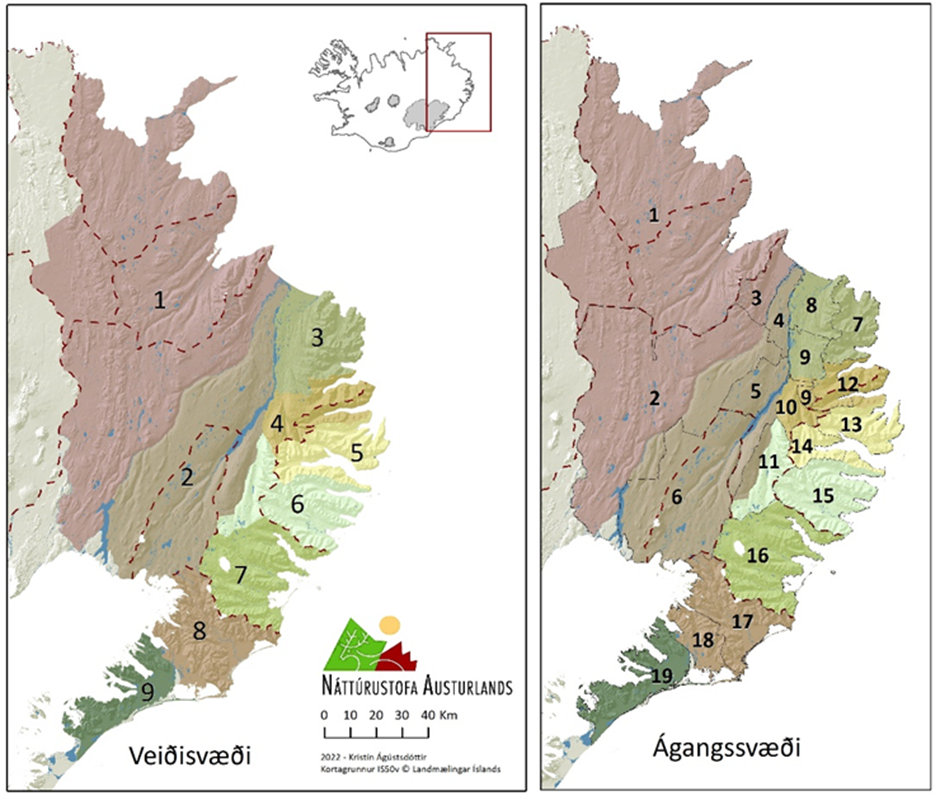 Mynd 1. Skipting Austurlands í hreindýraveiðisvæði, ágangssvæði og griðlönd 2022 (Kringilsárranafriðland, ólitað) (Skarphéðinn G. Þórisson o.fl. 2022).