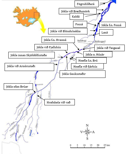 Figure 1. Map of river basin Jökulsá á Dal. Electrical fishing area is marked with arrows.