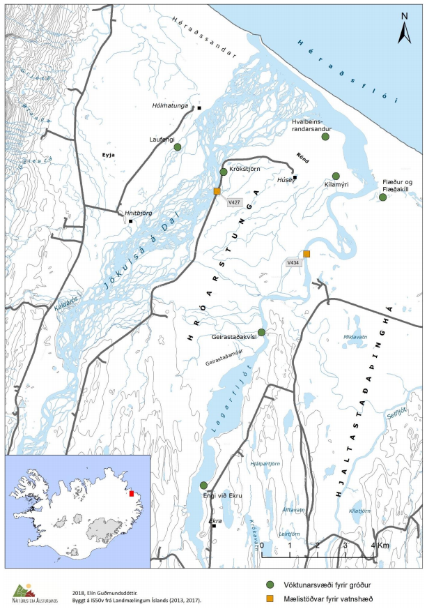  Figure 1. The research area in Úthérað, a monitoring area for vegetation and Landsvirkjun's measuring stations for water level. Photo taken from the report. 